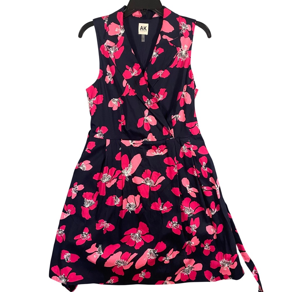 Anne Klein Navy Pink Floral Sleeveless Wrap Dress Size 10 Belted Fit Flare - Picture 4 of 9